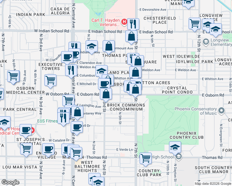 map of restaurants, bars, coffee shops, grocery stores, and more near 336 East Osborn Road in Phoenix