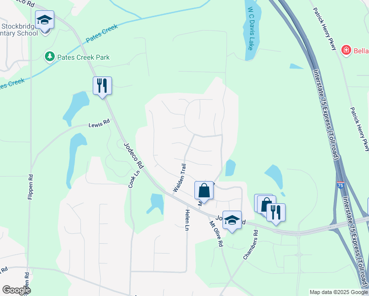 map of restaurants, bars, coffee shops, grocery stores, and more near 65 Walden Trail in Stockbridge