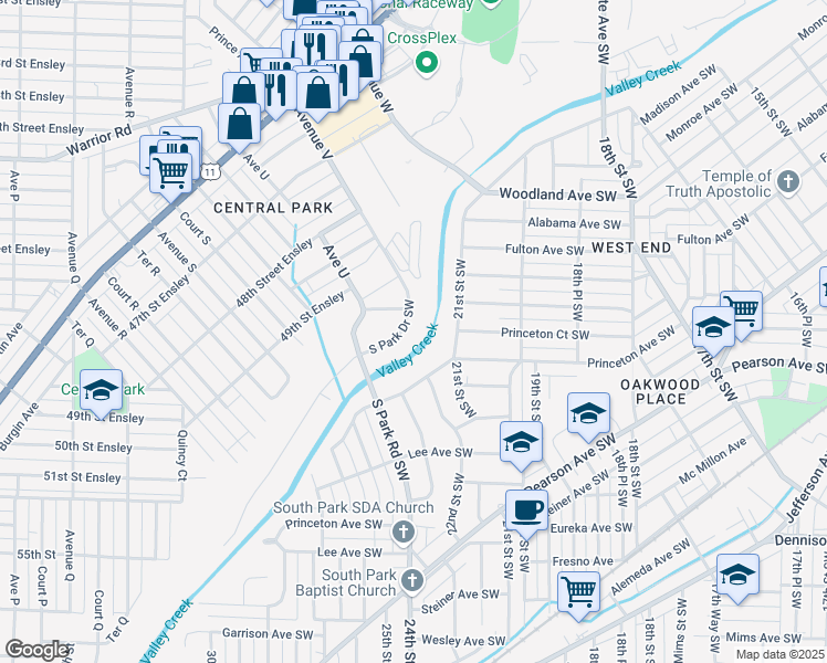 map of restaurants, bars, coffee shops, grocery stores, and more near 2323 South Park Drive Southwest in Birmingham