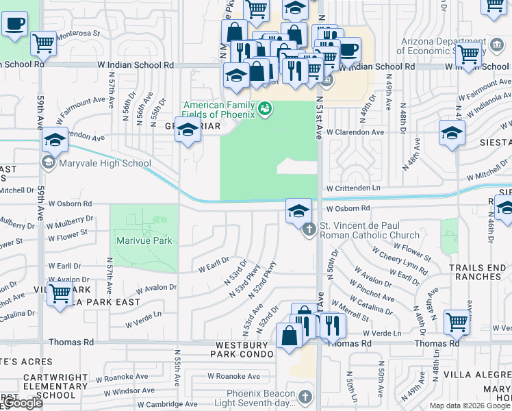 map of restaurants, bars, coffee shops, grocery stores, and more near 5320 West Osborn Road in Phoenix