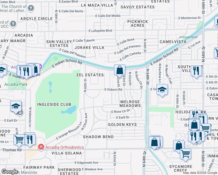 map of restaurants, bars, coffee shops, grocery stores, and more near 6125 East Indian School Road in Scottsdale