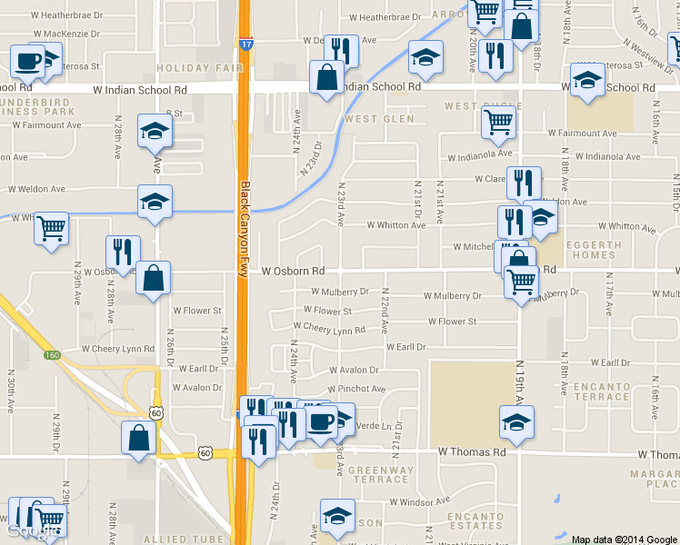 map of restaurants, bars, coffee shops, grocery stores, and more near 3398 N 23rd Ave in Phoenix