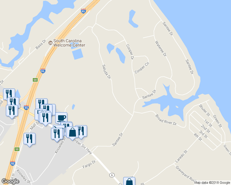 map of restaurants, bars, coffee shops, grocery stores, and more near 107 Saluda Drive in Santee
