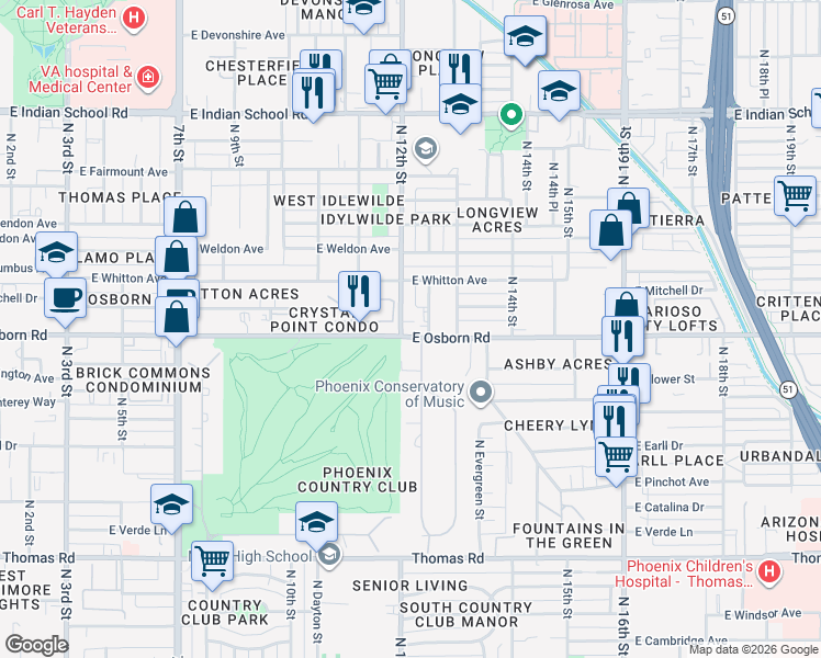map of restaurants, bars, coffee shops, grocery stores, and more near 1212 East Osborn Road in Phoenix