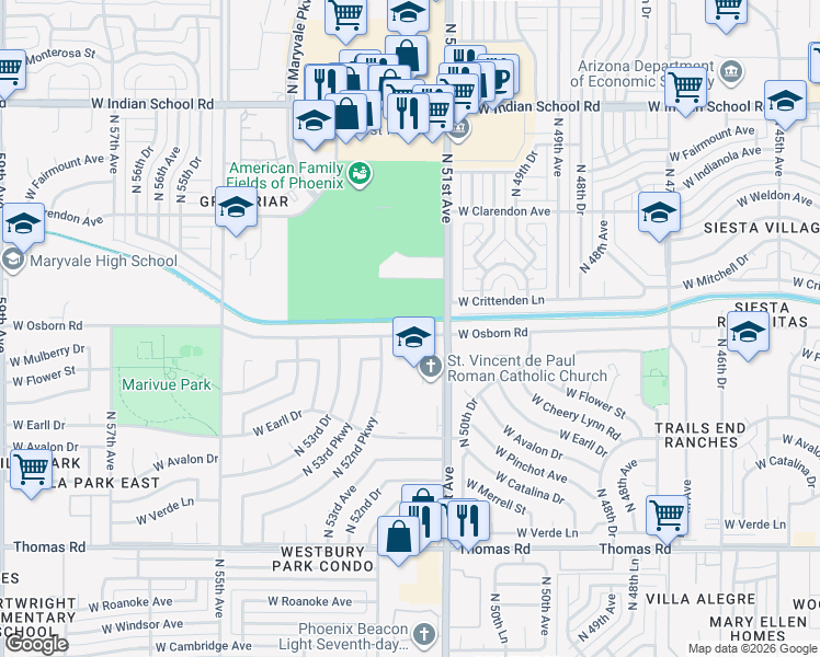 map of restaurants, bars, coffee shops, grocery stores, and more near 5120 West Osborn Road in Phoenix