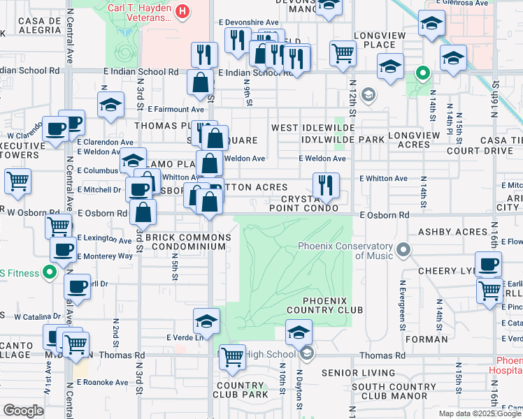 map of restaurants, bars, coffee shops, grocery stores, and more near 914 East Osborn Road in Phoenix