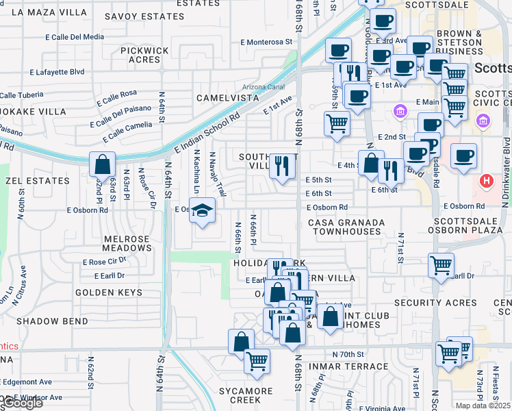 map of restaurants, bars, coffee shops, grocery stores, and more near 6616 East Osborn Road in Scottsdale