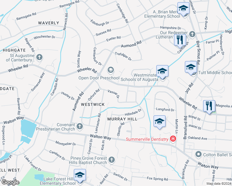 map of restaurants, bars, coffee shops, grocery stores, and more near 3104 Vassar Drive in Augusta