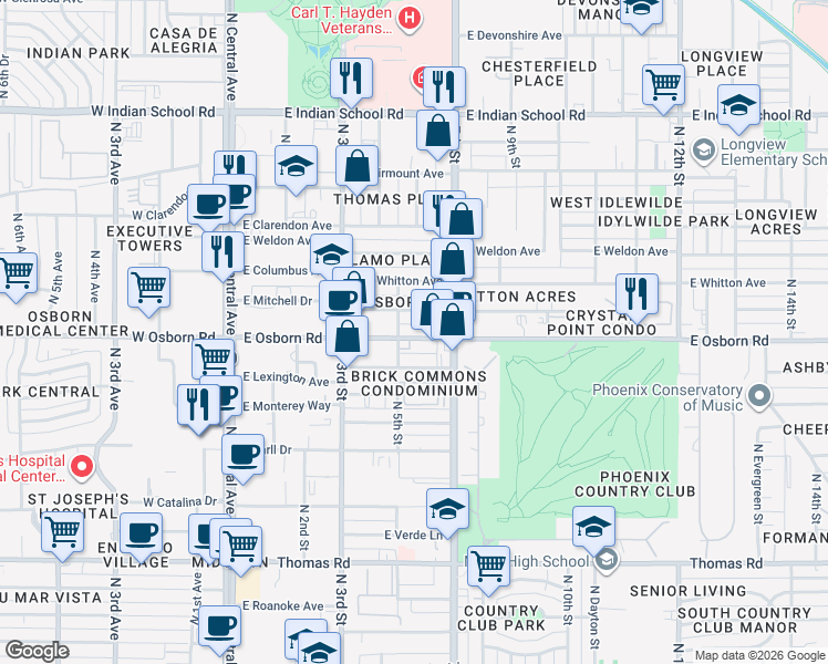 map of restaurants, bars, coffee shops, grocery stores, and more near 512 East Osborn Road in Phoenix