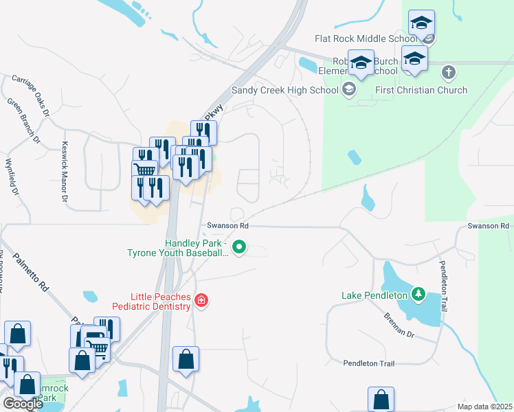 map of restaurants, bars, coffee shops, grocery stores, and more near 520 Millbrook Village Drive in Tyrone