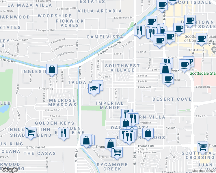 map of restaurants, bars, coffee shops, grocery stores, and more near 6557 East Osborn Road in Scottsdale