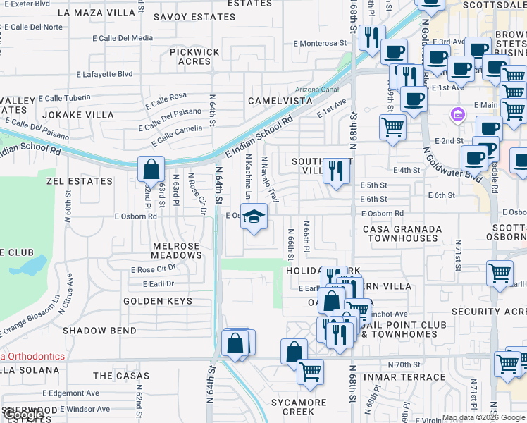 map of restaurants, bars, coffee shops, grocery stores, and more near in Scottsdale
