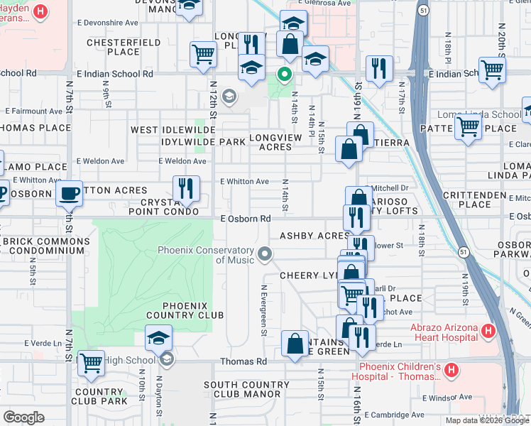 map of restaurants, bars, coffee shops, grocery stores, and more near 1354 East Osborn Road in Phoenix