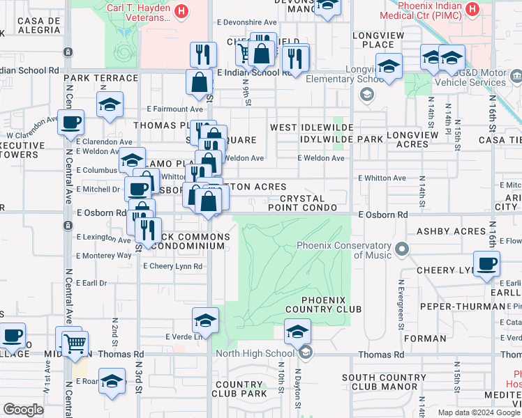 map of restaurants, bars, coffee shops, grocery stores, and more near 914 East Osborn Road in Phoenix