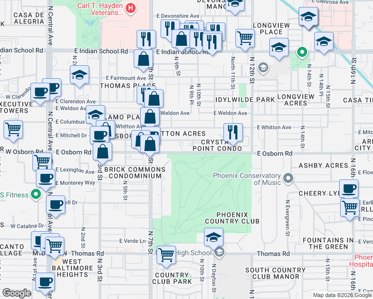 map of restaurants, bars, coffee shops, grocery stores, and more near 914 East Osborn Road in Phoenix