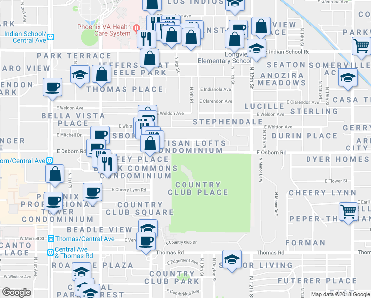 map of restaurants, bars, coffee shops, grocery stores, and more near 914 East Osborn Road in Phoenix