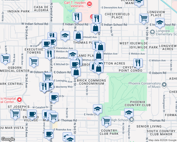 map of restaurants, bars, coffee shops, grocery stores, and more near 512 East Osborn Road in Phoenix