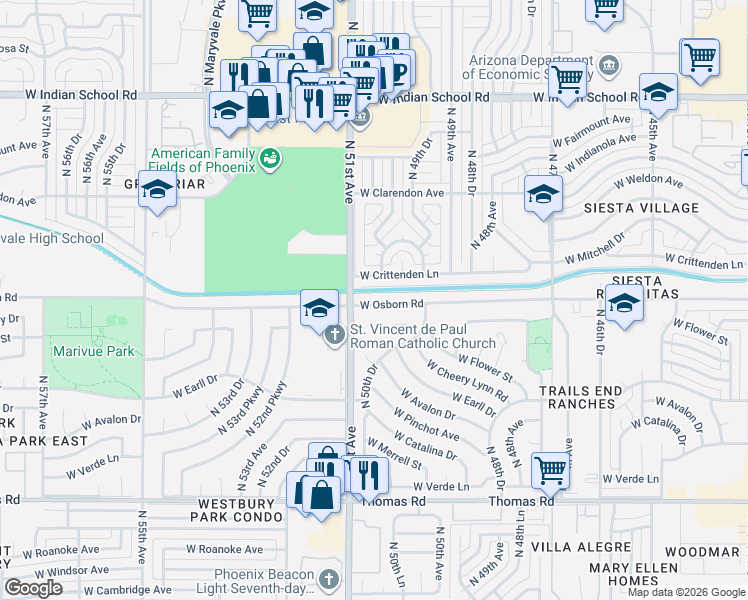 map of restaurants, bars, coffee shops, grocery stores, and more near in Phoenix