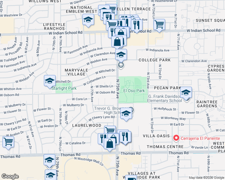 map of restaurants, bars, coffee shops, grocery stores, and more near 7502 West Osborn Road in Phoenix