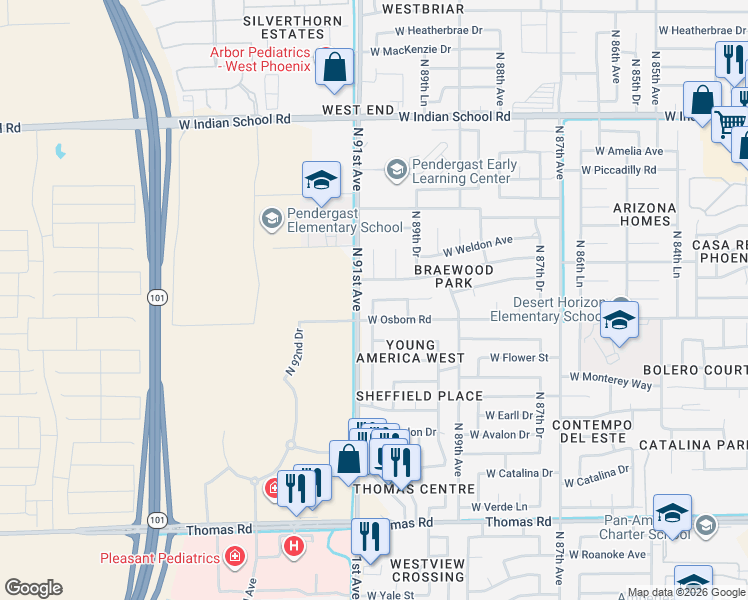 map of restaurants, bars, coffee shops, grocery stores, and more near 9021 West Whitton Avenue in Phoenix