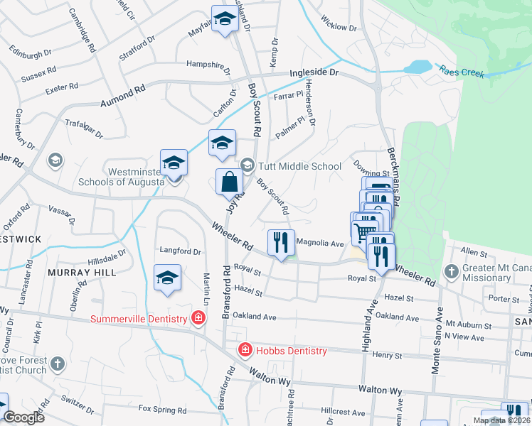 map of restaurants, bars, coffee shops, grocery stores, and more near 2807 Hackle Street in Augusta