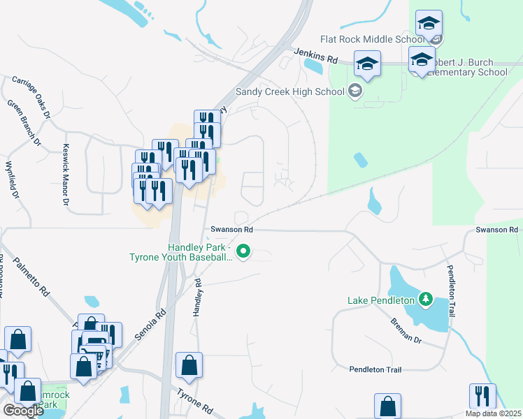 map of restaurants, bars, coffee shops, grocery stores, and more near 520 Millbrook Village Drive in Tyrone