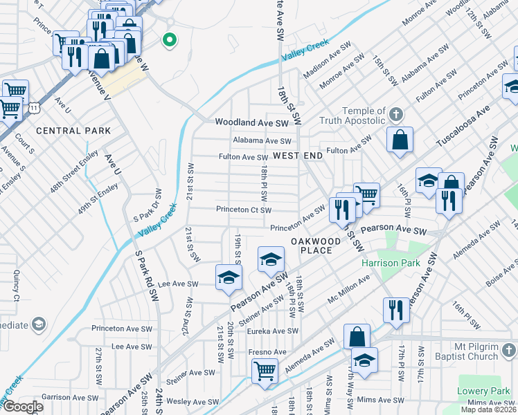 map of restaurants, bars, coffee shops, grocery stores, and more near 1849 Princeton Court Southwest in Birmingham