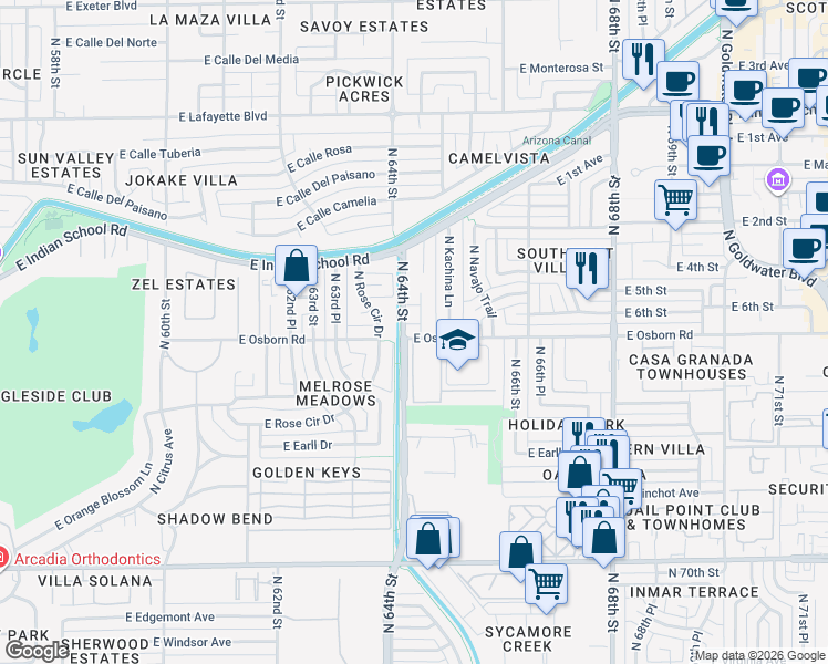 map of restaurants, bars, coffee shops, grocery stores, and more near 6509 East Osborn Road in Scottsdale