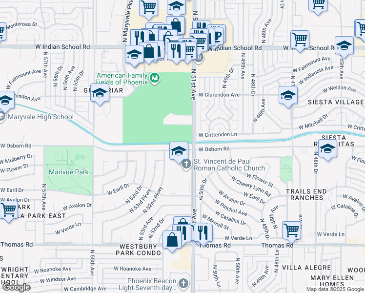 map of restaurants, bars, coffee shops, grocery stores, and more near 5120 West Osborn Road in Phoenix