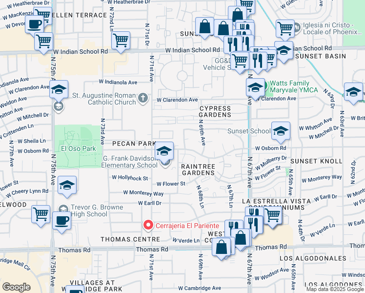 map of restaurants, bars, coffee shops, grocery stores, and more near 3402 North 69th Drive in Phoenix