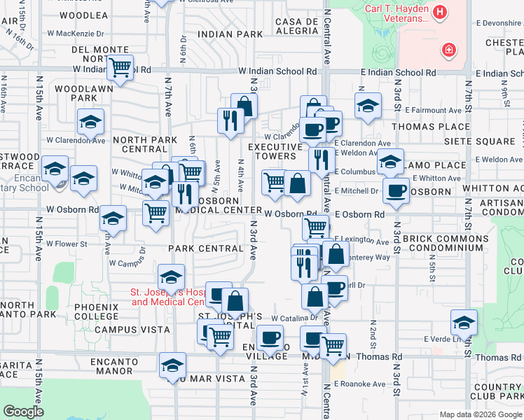 map of restaurants, bars, coffee shops, grocery stores, and more near 240 West Osborn Road in Phoenix
