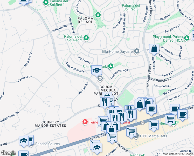 map of restaurants, bars, coffee shops, grocery stores, and more near 32225 Pio Pico Road in Temecula