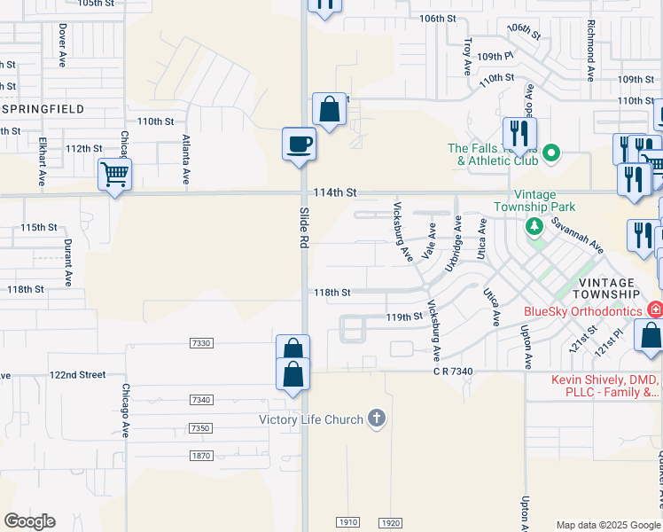 map of restaurants, bars, coffee shops, grocery stores, and more near 117th Street in Lubbock