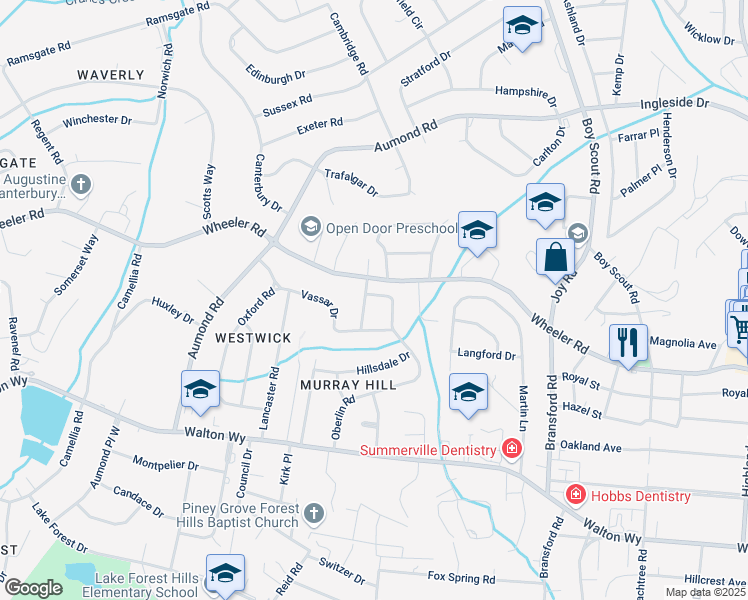 map of restaurants, bars, coffee shops, grocery stores, and more near 604 Wellesley Drive in Augusta