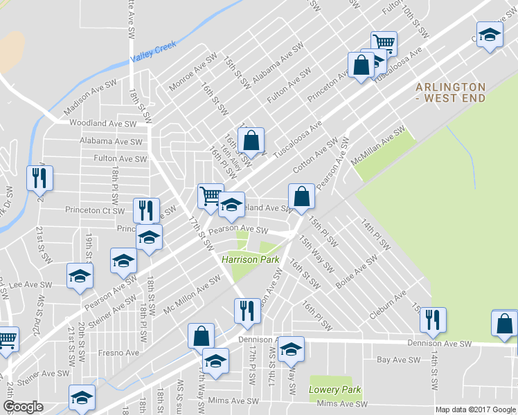 map of restaurants, bars, coffee shops, grocery stores, and more near 801 16th Place Southwest in Birmingham