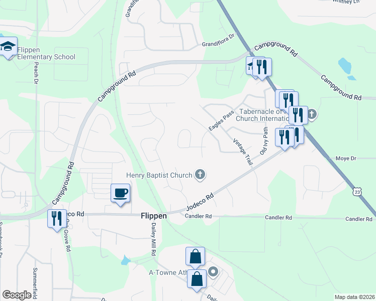map of restaurants, bars, coffee shops, grocery stores, and more near 1319 Vine Circle in McDonough