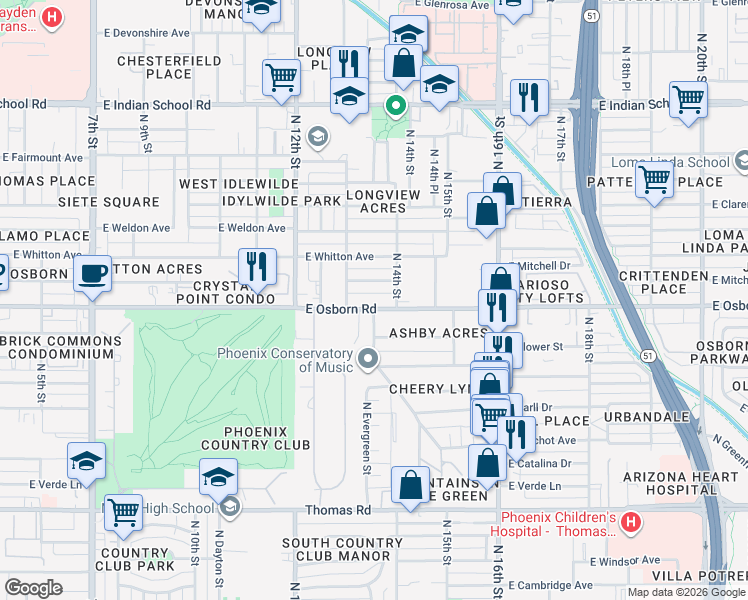map of restaurants, bars, coffee shops, grocery stores, and more near 1354 E Osborn Rd in Phoenix
