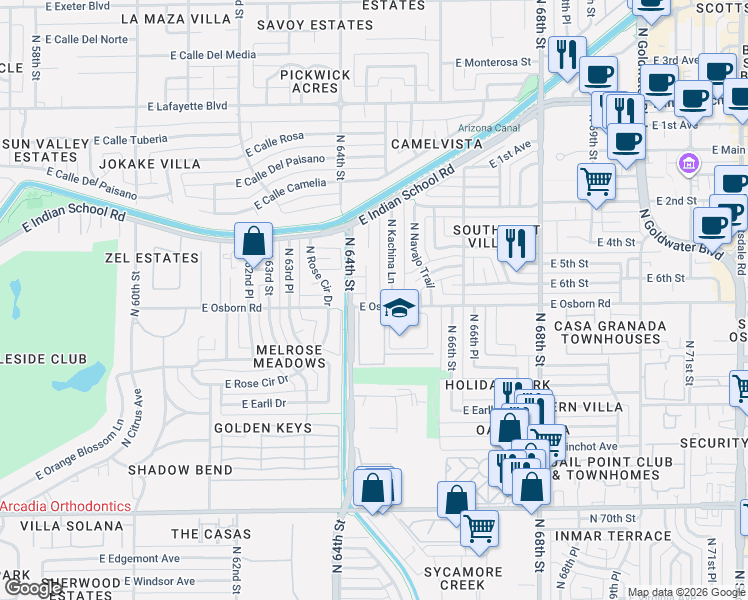 map of restaurants, bars, coffee shops, grocery stores, and more near 6509 East Osborn Road in Scottsdale