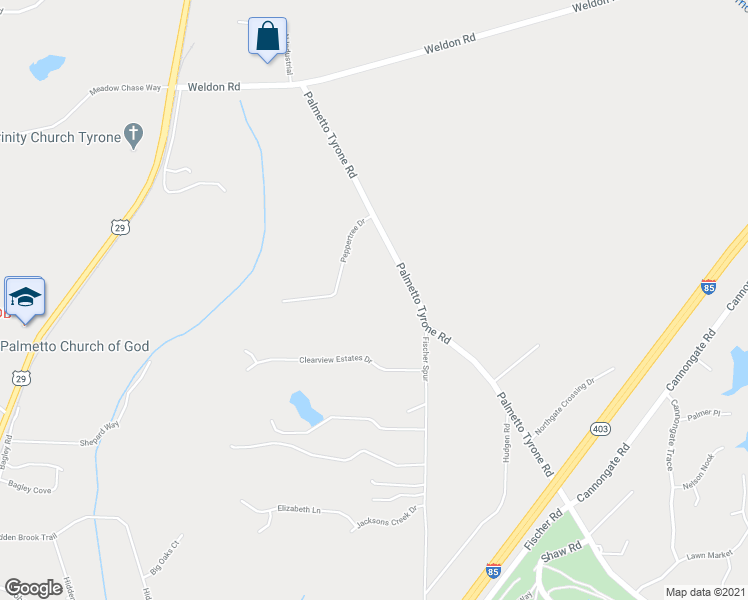 map of restaurants, bars, coffee shops, grocery stores, and more near 245 Palmetto Tyrone Road in Newnan