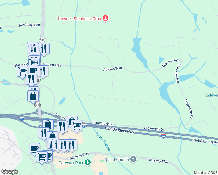 map of restaurants, bars, coffee shops, grocery stores, and more near 5051 Red Bud Drive in Grovetown