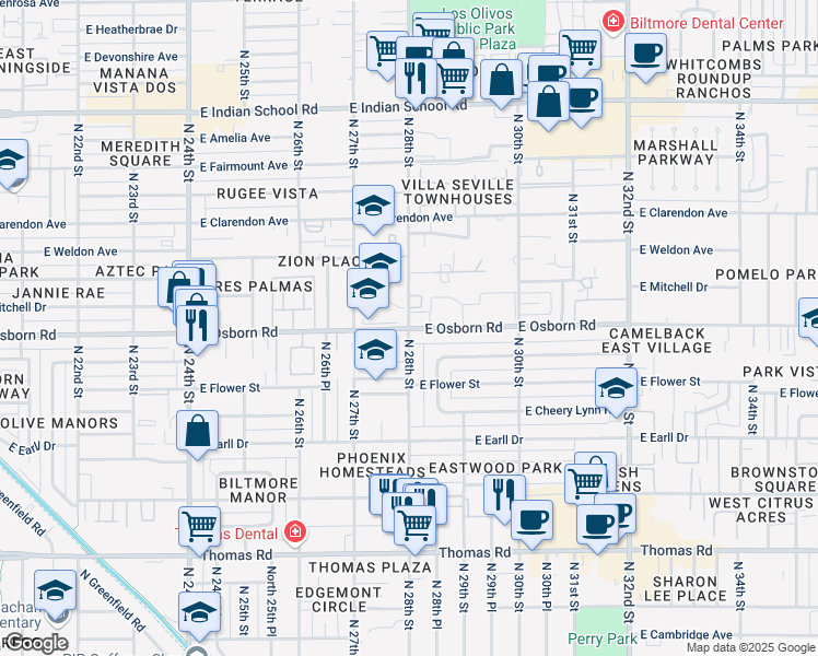 map of restaurants, bars, coffee shops, grocery stores, and more near E Osborn Rd & N 28th St in Phoenix