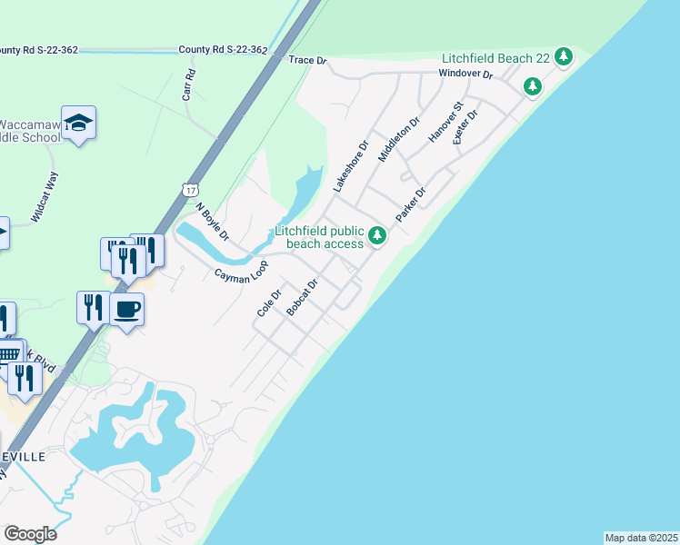 map of restaurants, bars, coffee shops, grocery stores, and more near 423 Parker Drive in Pawleys Island