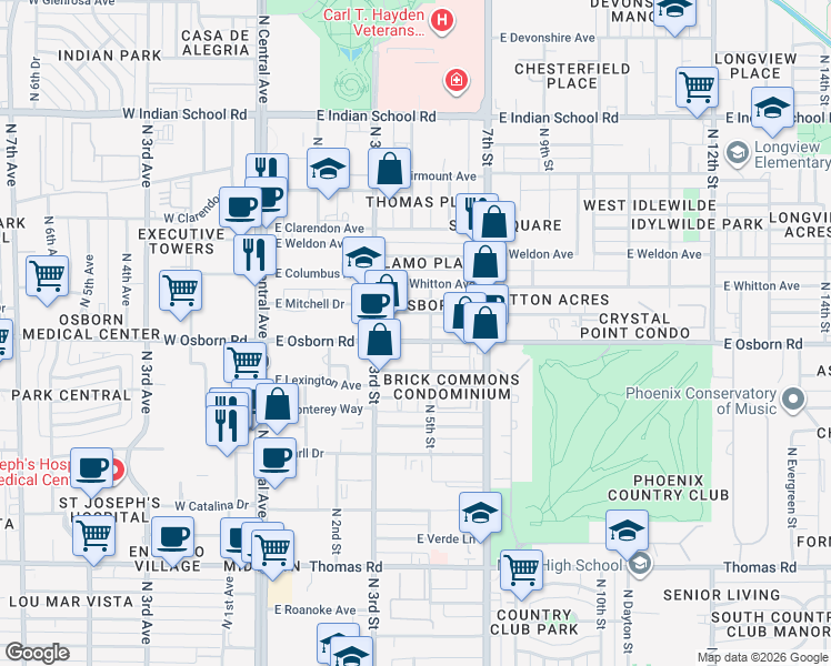 map of restaurants, bars, coffee shops, grocery stores, and more near 336 East Osborn Road in Phoenix