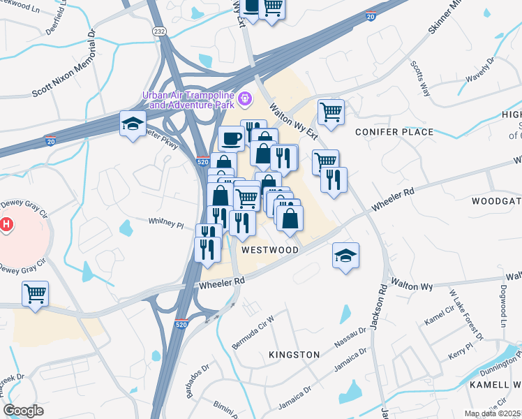 map of restaurants, bars, coffee shops, grocery stores, and more near 246 Robert C Daniel Junior Parkway in Augusta