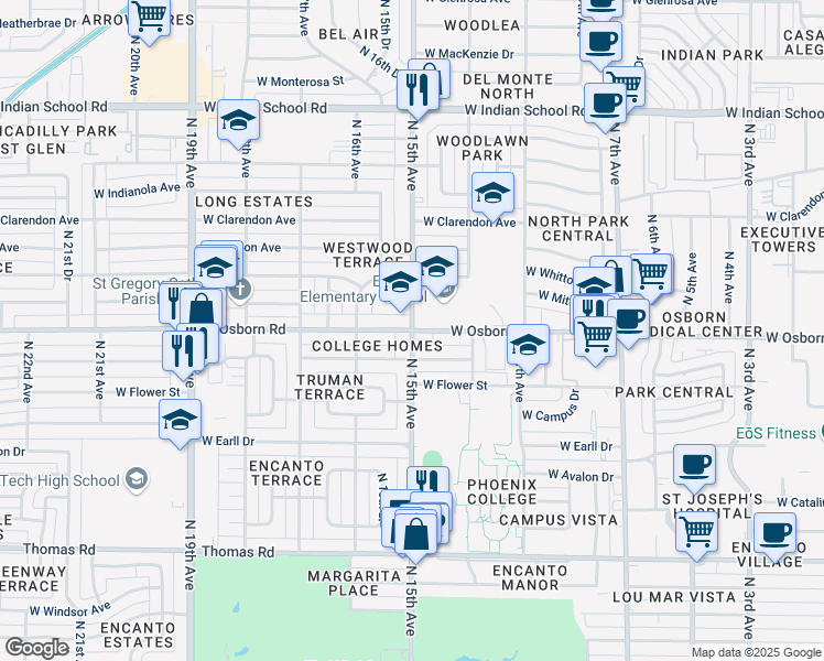 map of restaurants, bars, coffee shops, grocery stores, and more near N 15th Ave & W Osborn Rd in Phoenix