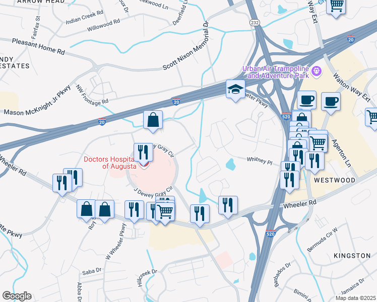 map of restaurants, bars, coffee shops, grocery stores, and more near 1372 Interstate Parkway in Augusta