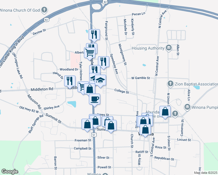 map of restaurants, bars, coffee shops, grocery stores, and more near 420 College Street in Winona