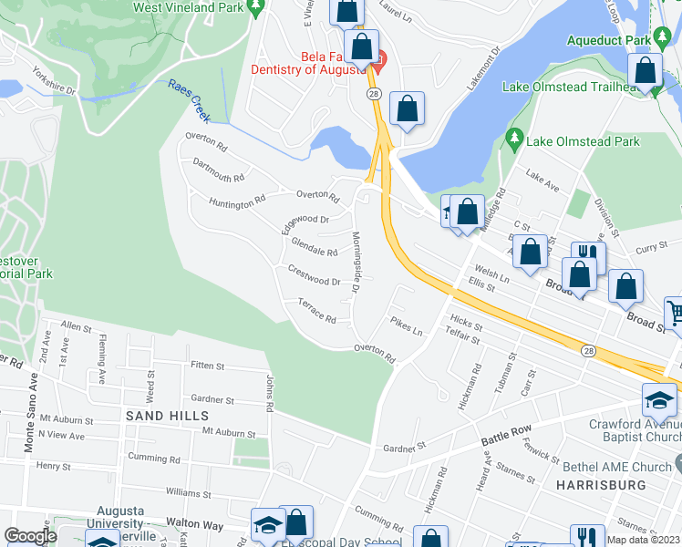 map of restaurants, bars, coffee shops, grocery stores, and more near 2203 Crestwood Drive in Augusta