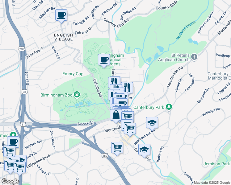 map of restaurants, bars, coffee shops, grocery stores, and more near 2655 Lane Park Road in Birmingham