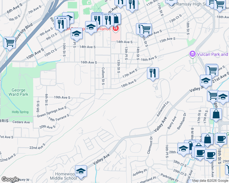 map of restaurants, bars, coffee shops, grocery stores, and more near 1207 18th Avenue South in Birmingham
